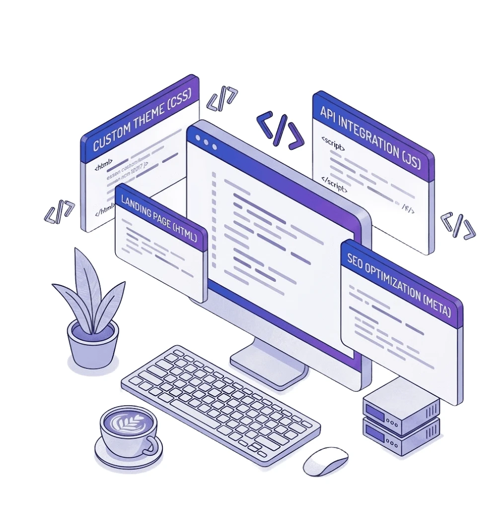Ilustración de un computador con ventanas de código: tema personalizado, página de aterrizaje, integración de API y SEO