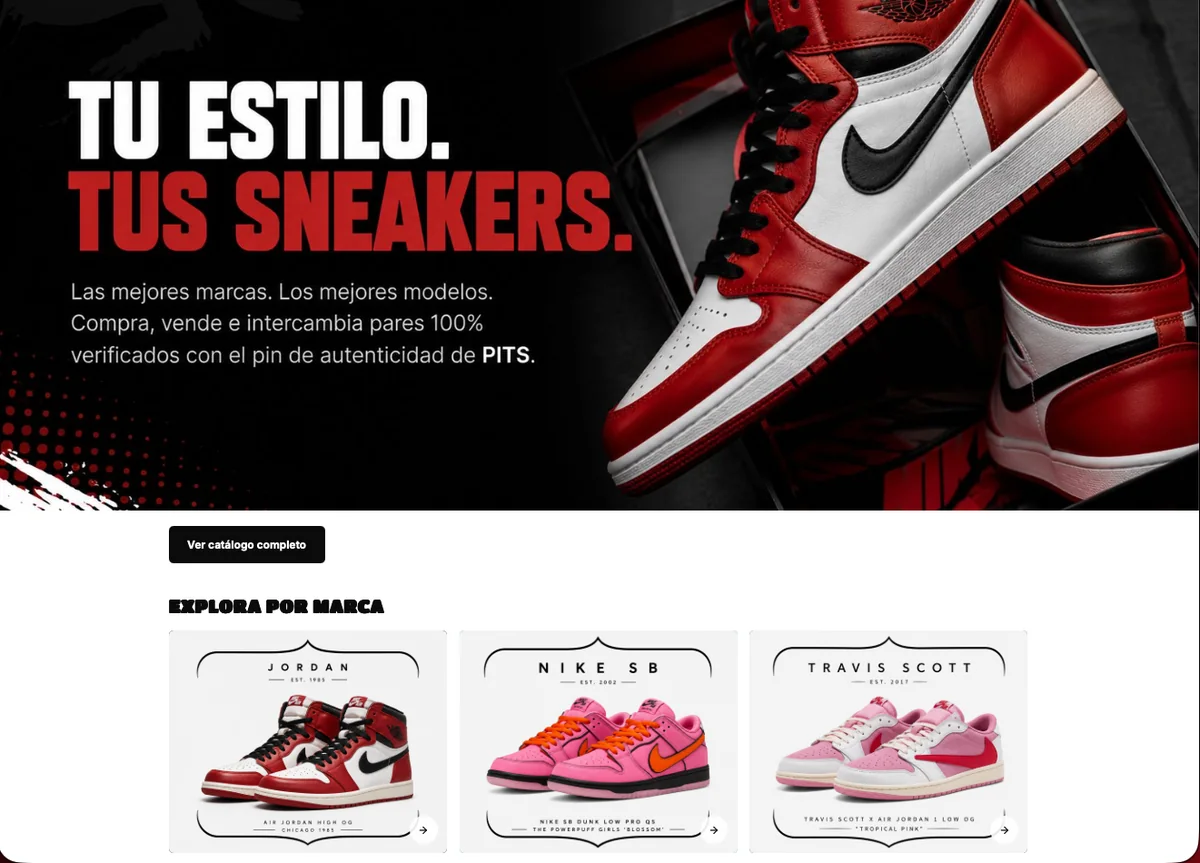 Portada del sitio de PitSneakers, con unos Jordan rojos y negros