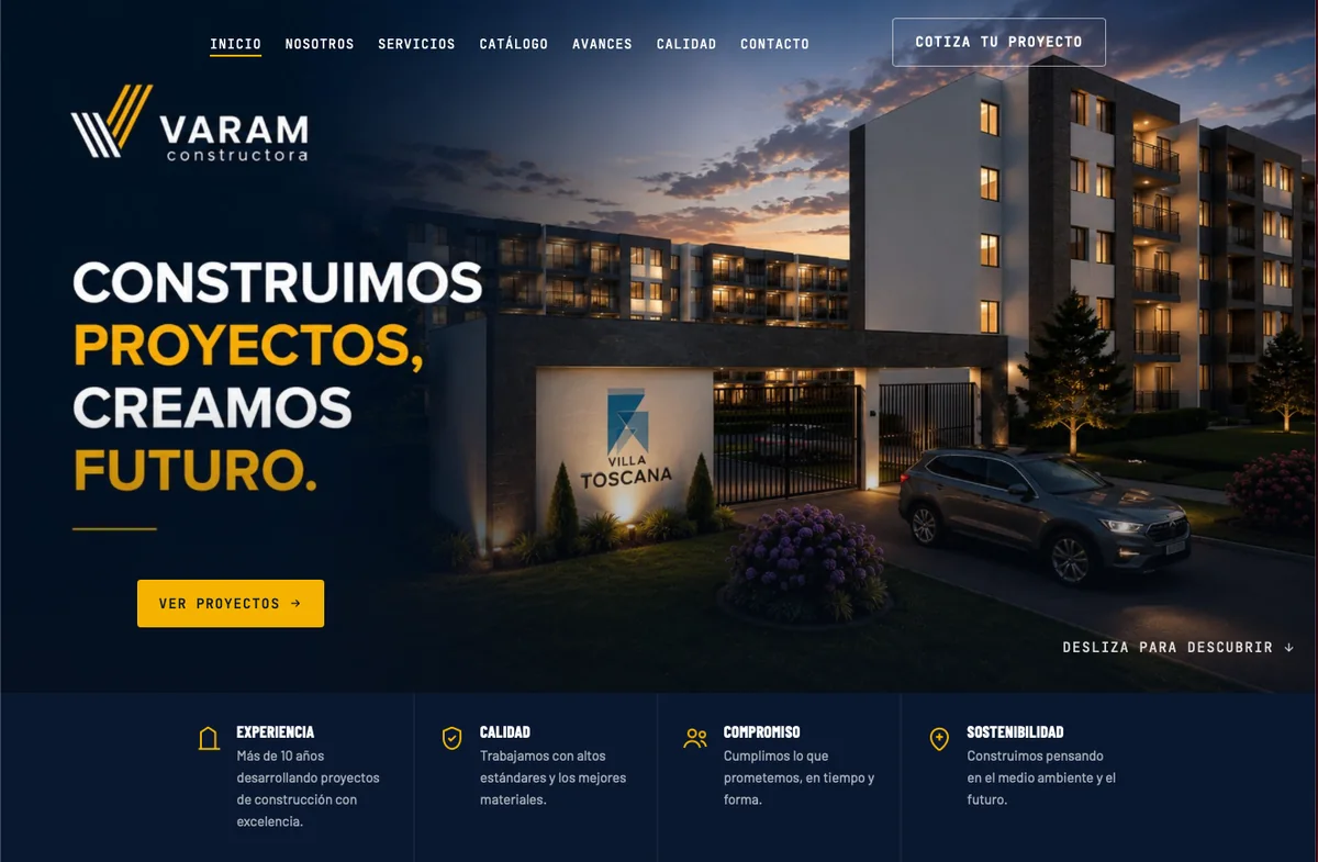 Portada del sitio de Varam Constructora, con un edificio al atardecer